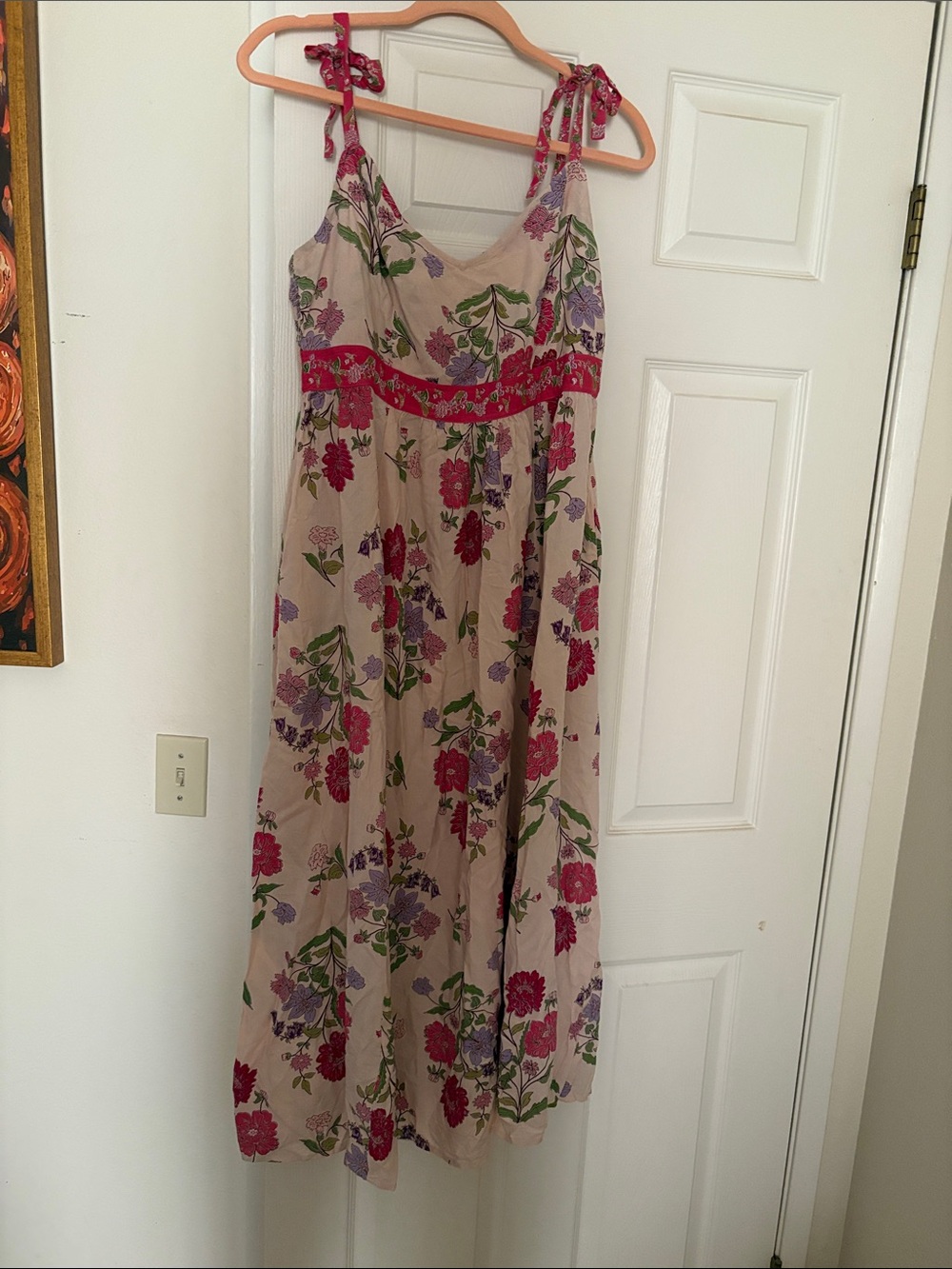Patrons of Peace Beige Floral Maxi Dress with Pink and Purple Accents